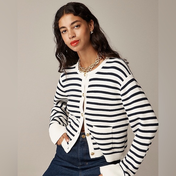 J.Crew Emilie Relaxed Cropped Sweater Cardigan, Navy Stripes, Large, Nautical - Picture 1 of 13